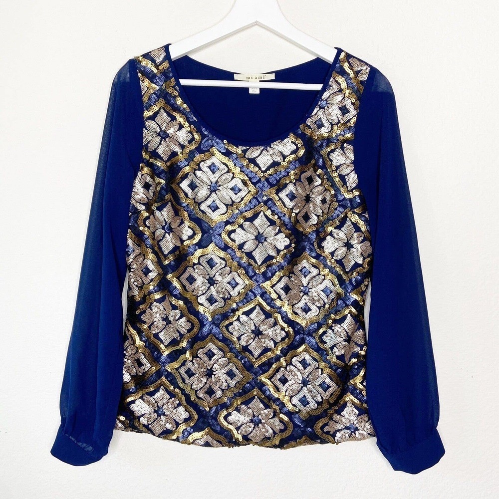 Miami Navy Gold Sequin Button Back Blouse Sz M